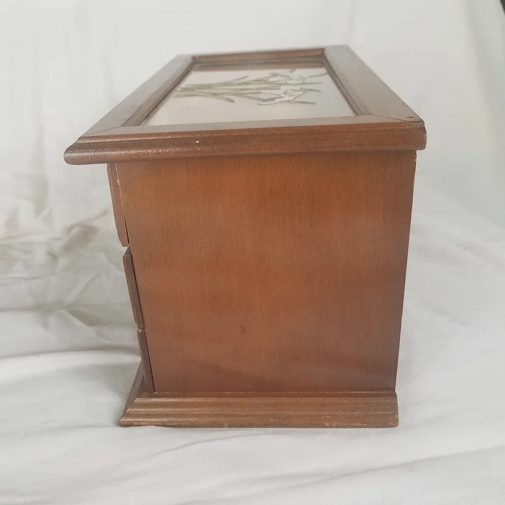 Vintage Wooden Jewelry Box Organizer Brown Excellent Floral Glass 2-drawers